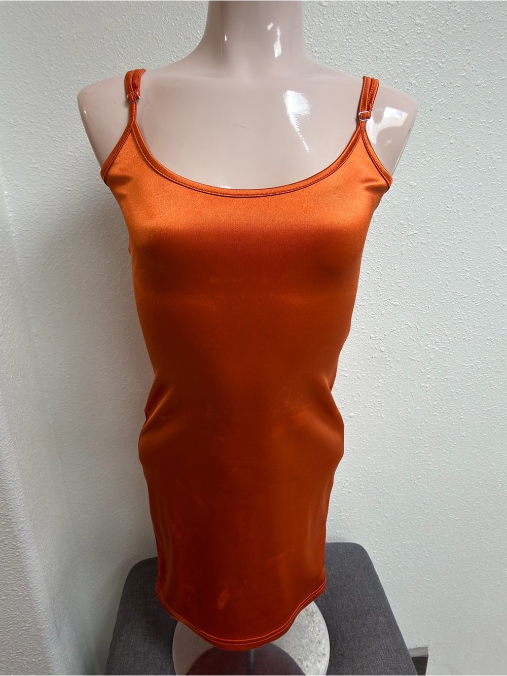 Awesome Rust Orange Satin Bodycon Mini Dress Adjustable Straps S